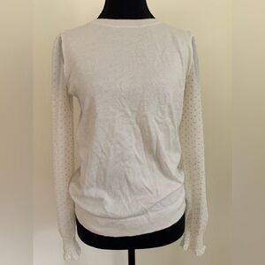LOFT White Sweater with Sheer Polka Dot Sleeves